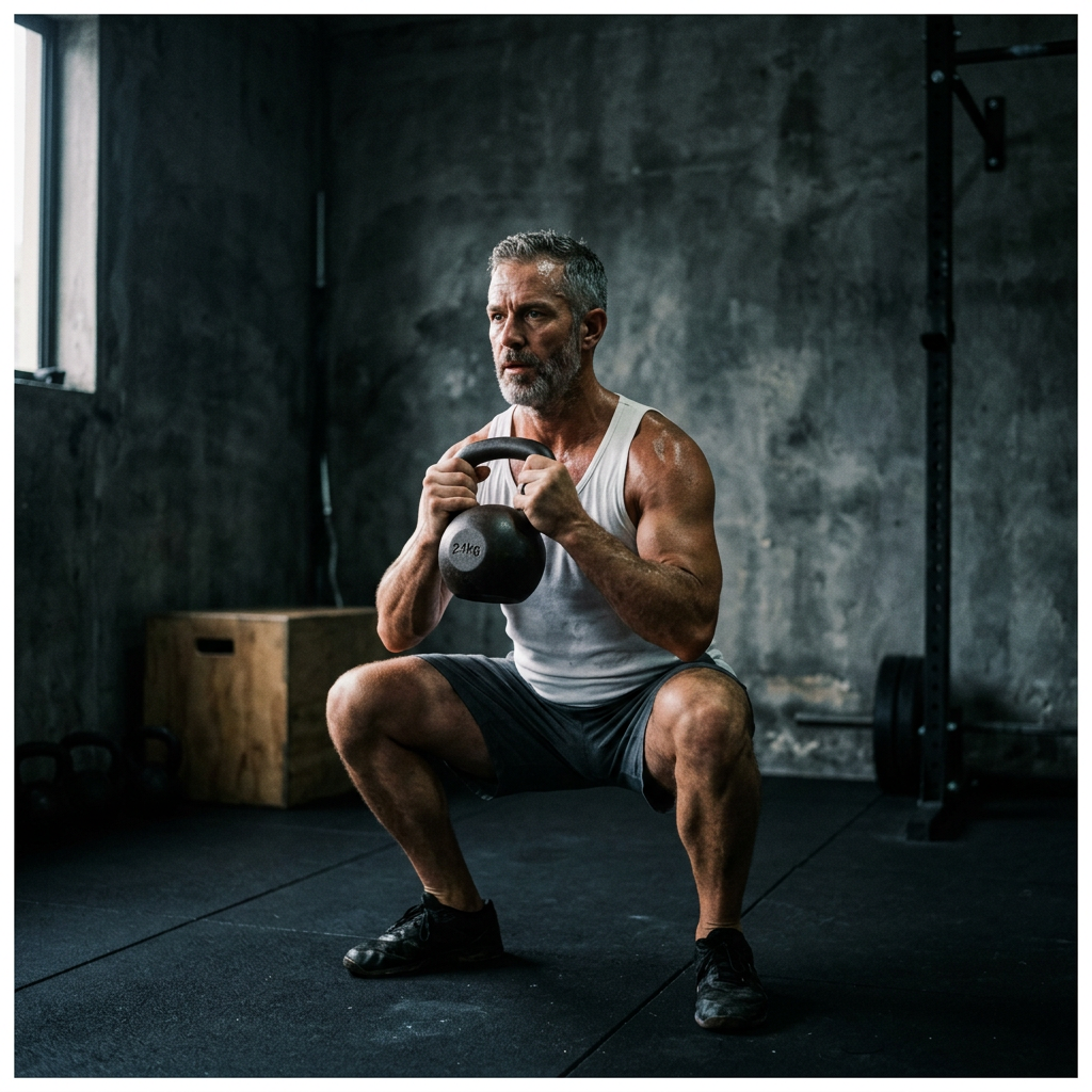 Un homme aux cheveux gris en débardeur blanc qui tient une kettlebell en squat dans une salle sombre