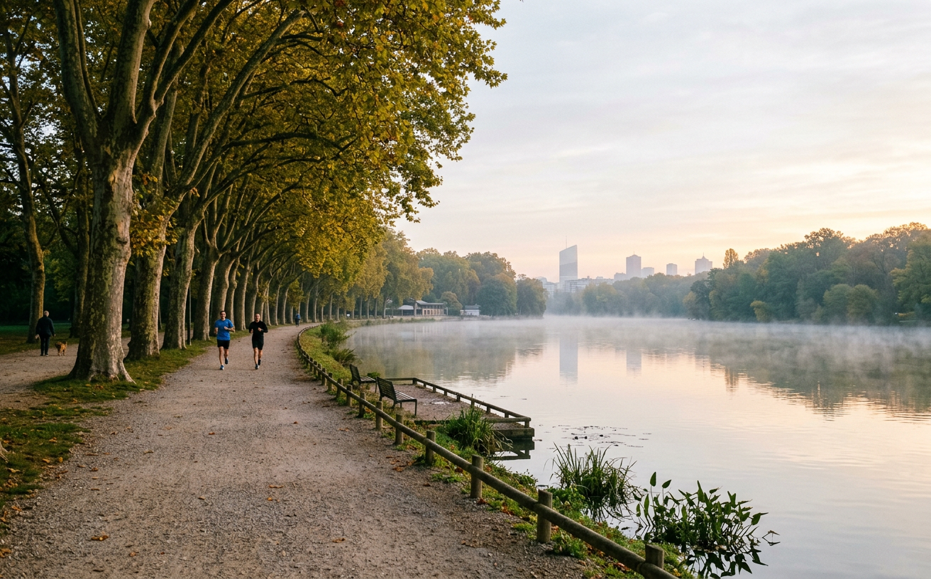 Image générée d'une allée bordée d'arbres au bord d'un lac de parc brumeux au lever du soleil, avec deux joggeurs
